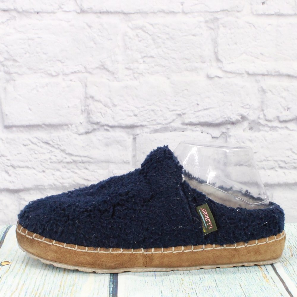 LL Bean Navy Pile Fleece Round Toe Slip On Slides Cozy Slipper Size 8 M - Picture 1 of 9